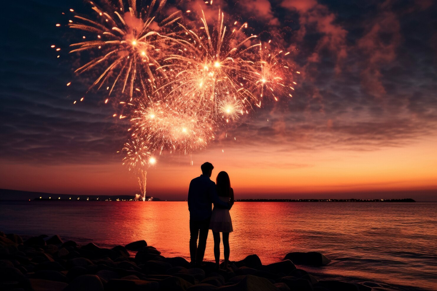 A couple watching New Year fireworks near the sea.