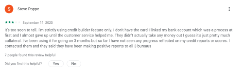 A three-star Cheese credit builder review from a consumer who hasn’t been able to boost their credit score. 