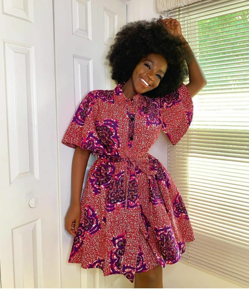 Picture of a lady rocking the Ankara shirt dress in style