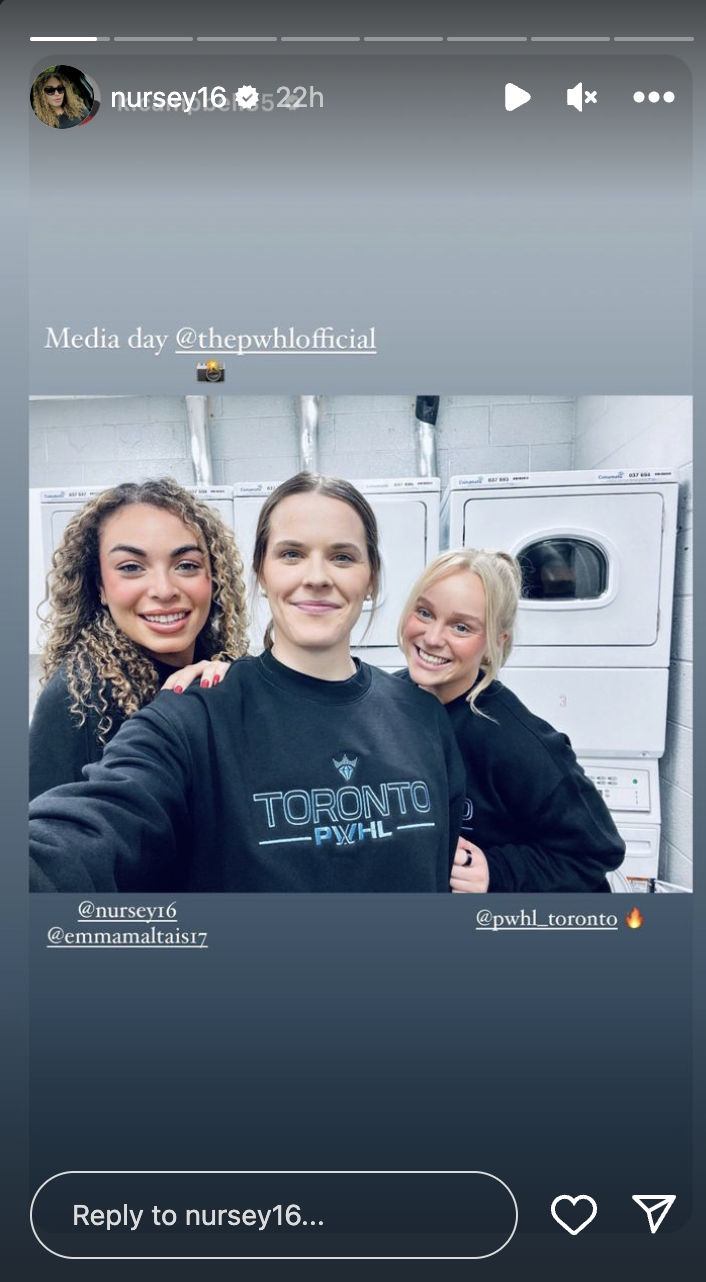 Screen shot of Sarah Nurse's Instagram story featuring a selfie of her, Kristen Campbell, and Emma Maltais in PWHL Toronto merch with the captain "Media day @thepwhlofficial'