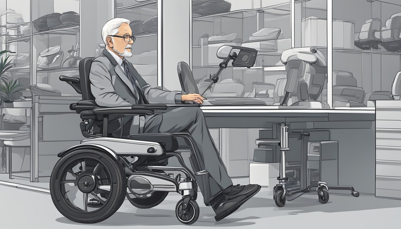 A senior sits in a showroom, testing electric wheelchairs. A salesperson demonstrates features and adjusts settings. Various models are displayed for comparison