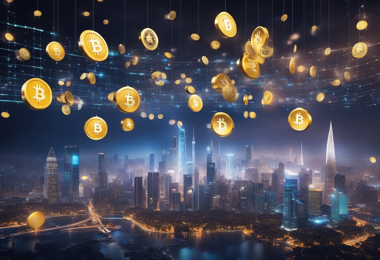 A futuristic city skyline with digital currency symbols