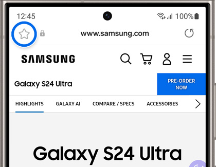Bookmark icon highlighted in the Samsung Internet app