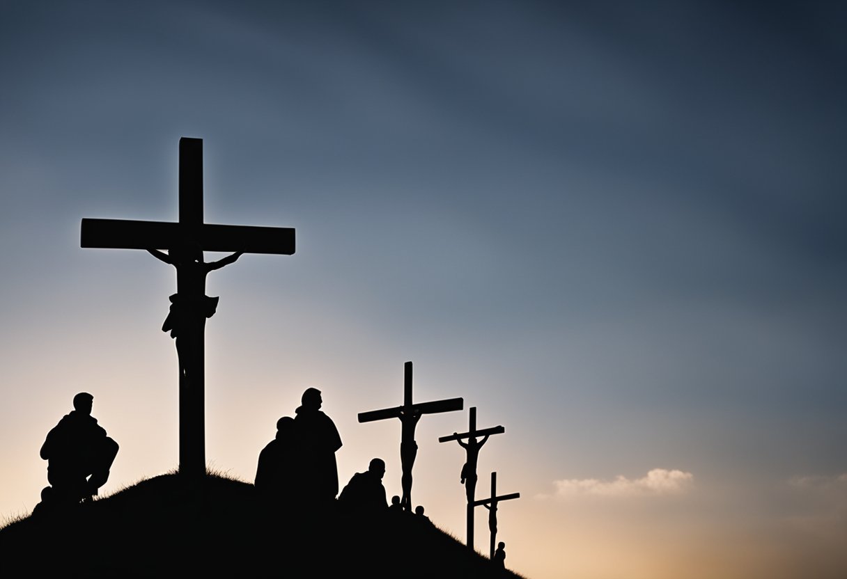 A crowd gathers at the foot of a hill, where three crosses stand silhouetted against the darkening sky. The air is heavy with tension as the significance of the impending crucifixion weighs on the onlookers