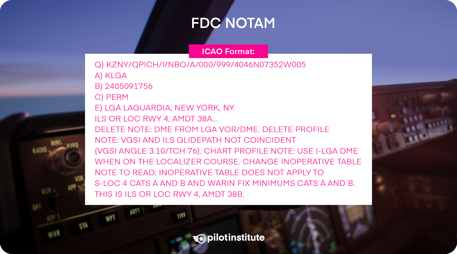 An airliner cockpit with an FDC NOTAM for instrument approach procedure changes.