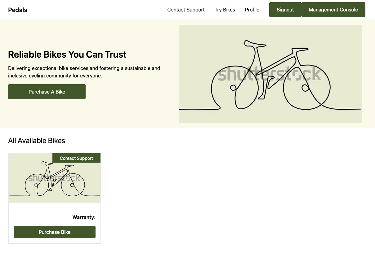 Screenshot of the Pedal app landing page. It opens with a heading that reads, "Reliable Bikes You Can Trust" and lists available bikes.