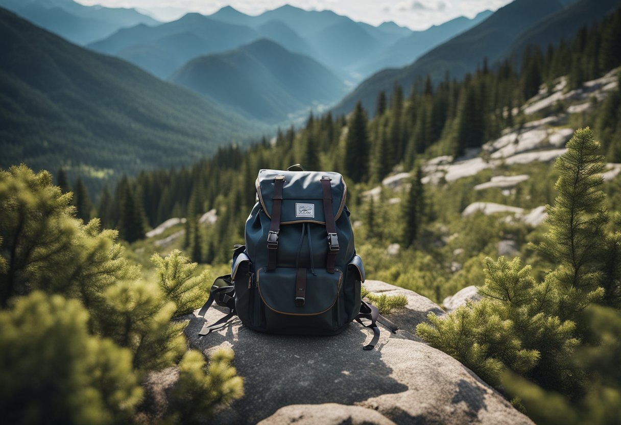 A backpack with multiple compartments and adjustable straps sits on a rocky trail, surrounded by trees and mountains