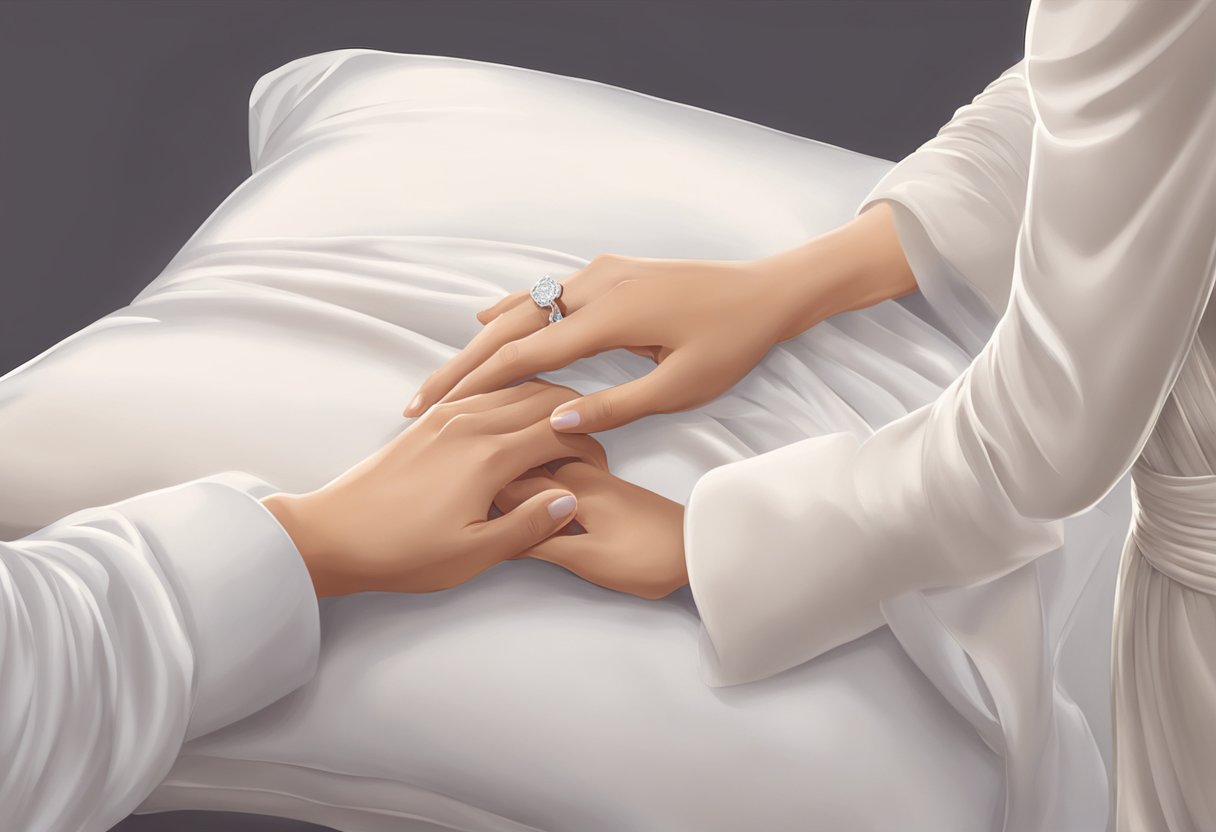 A bride and groom's hands placing a wedding ring on a pillow