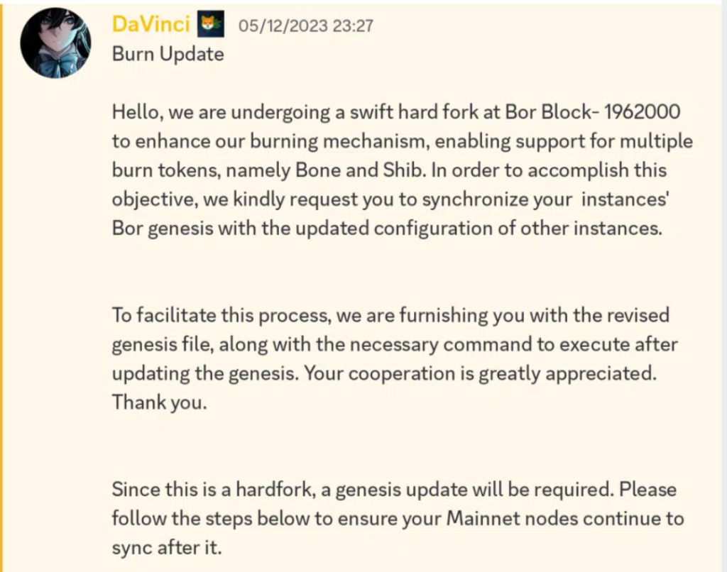 DaVinci shared Shibarium Hard Fork
