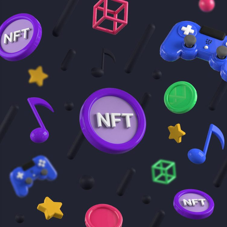 Game joysticks and nft coins surrounded by various elements.