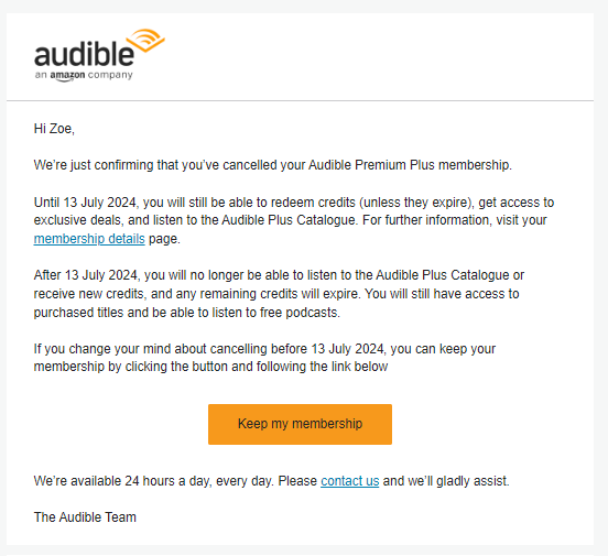 cancellation email from Audible