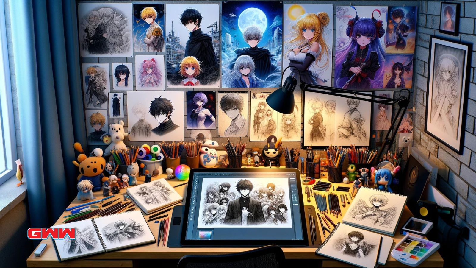 Artist's workspace with anime character sketches, tools, and figurines