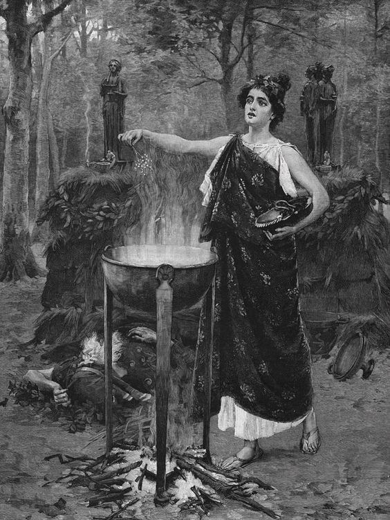 The depicted scene portrays Hecate, adorned in a white gown with a black robe, positioned above a boiling pot. She is casting something into the pot from the bowl she holds in her arm.
