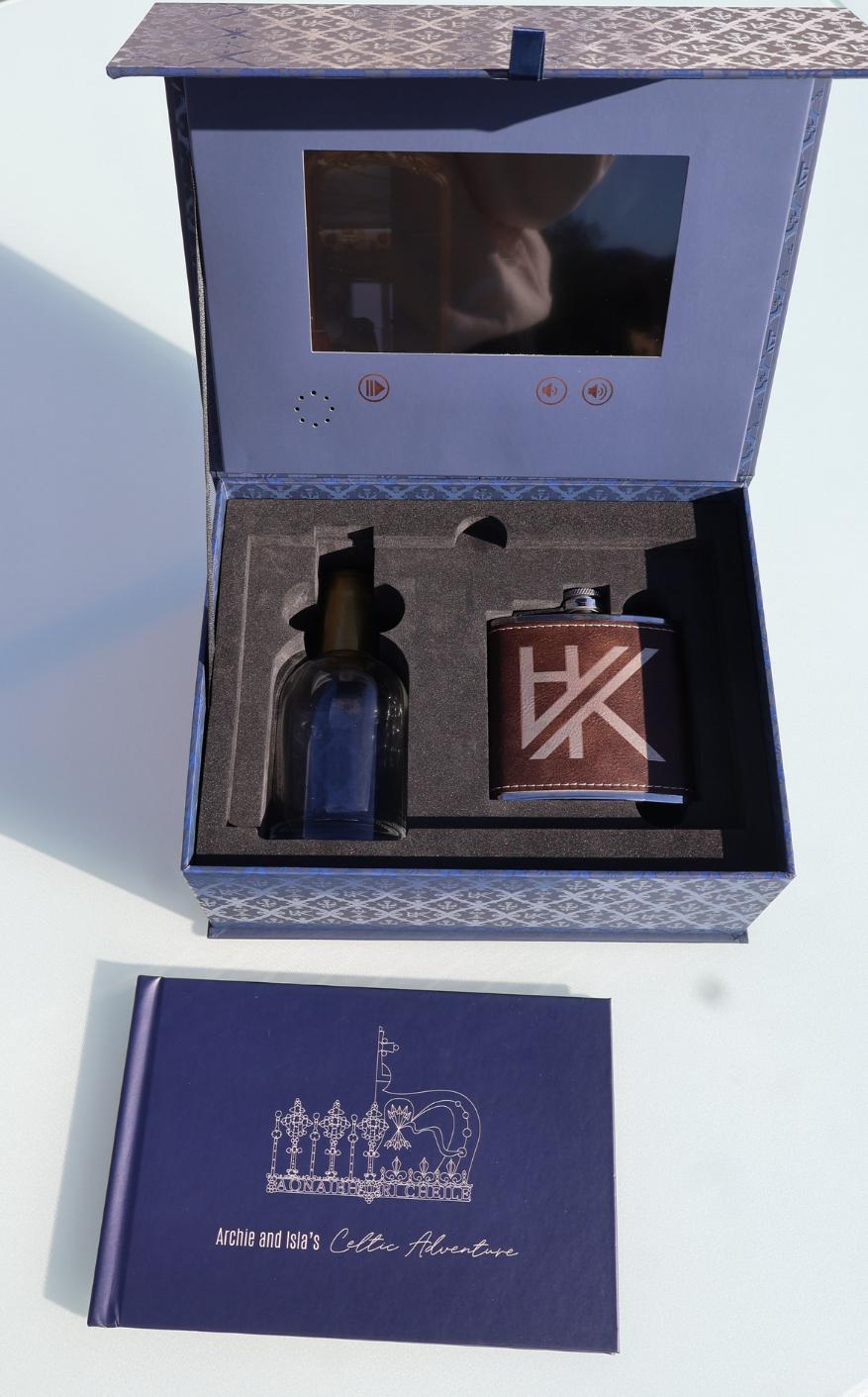 A blue box with a bottle and a small bottle in it

Description automatically generated