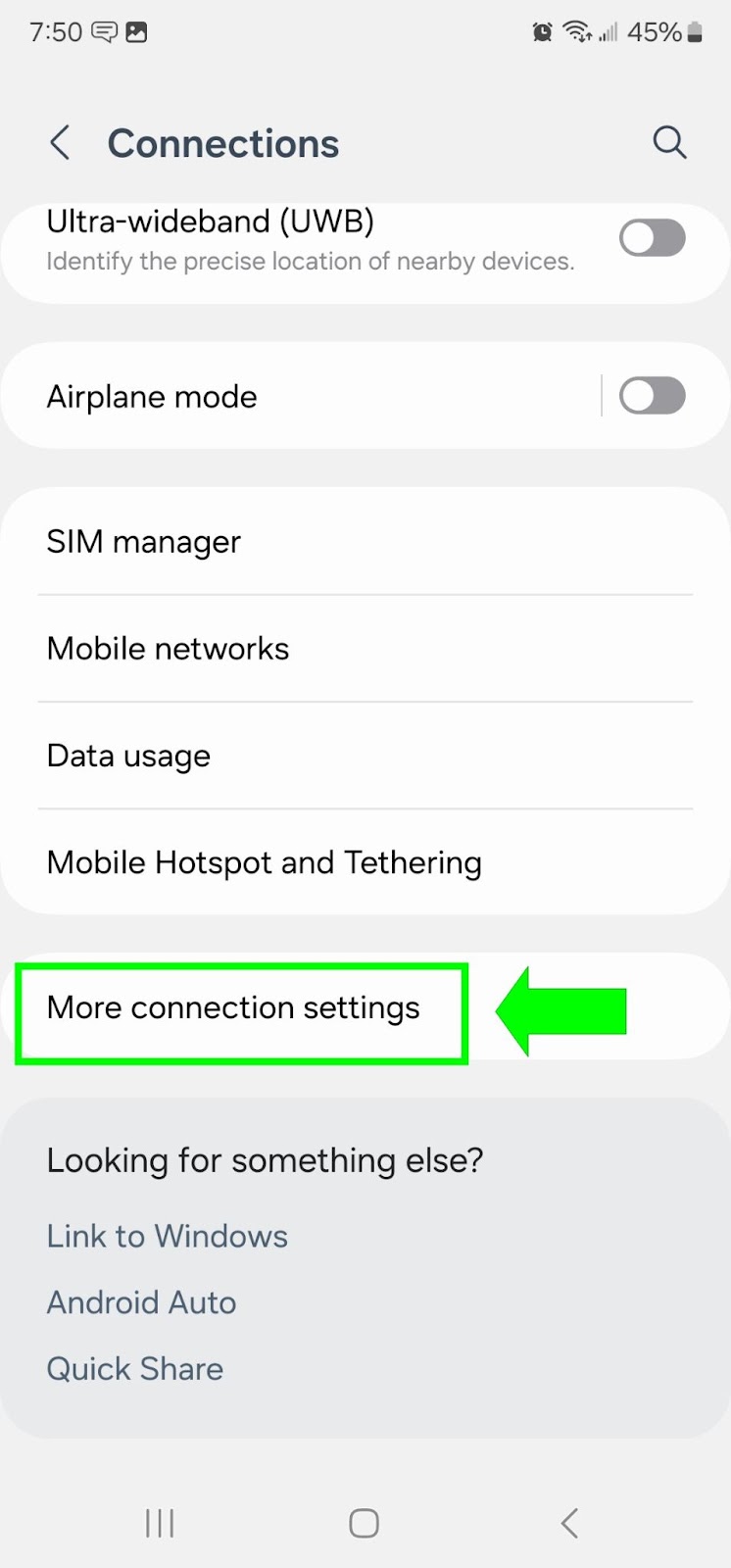 A screenshot of Android Connections settings with More connection settings highlighted.