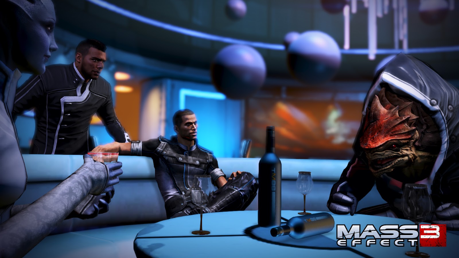 An in game screenshot of Commander Shepard and his companions from Mass Effect 3. 