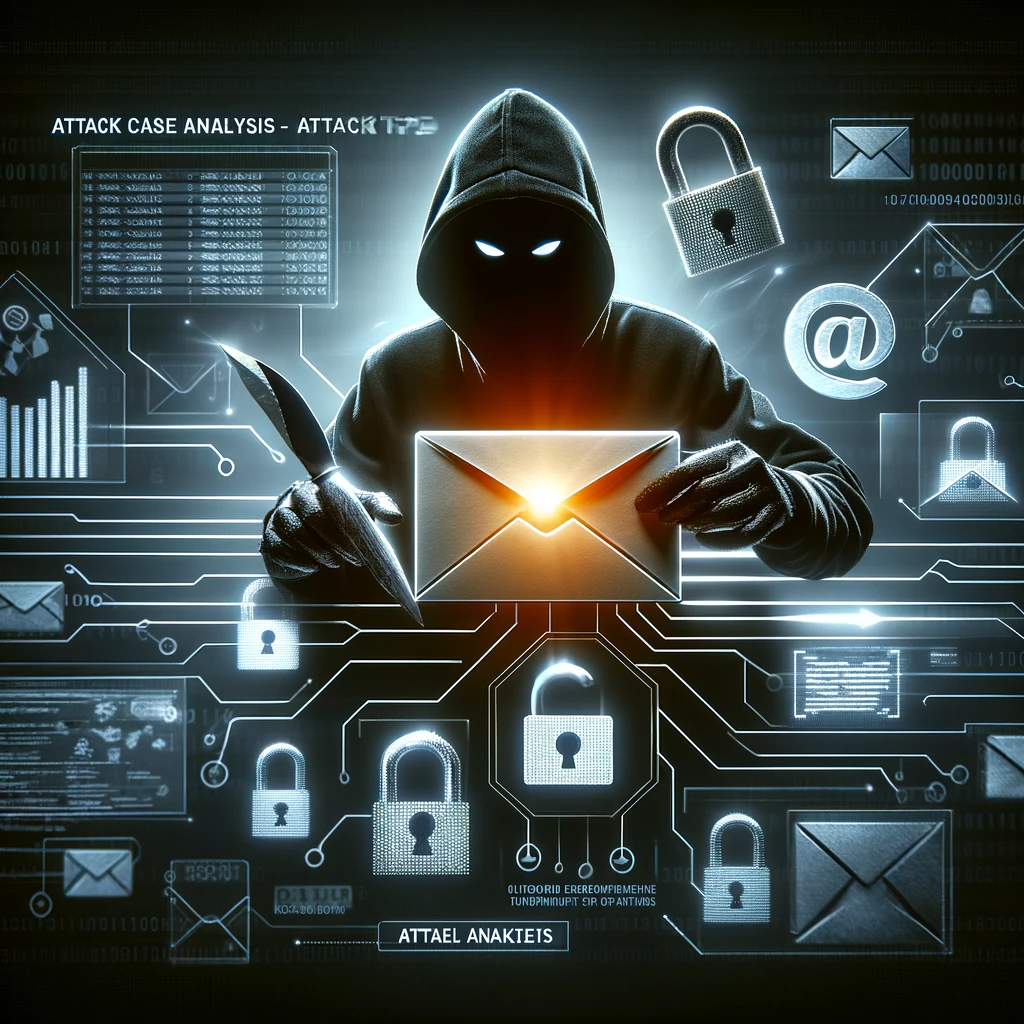 "A hooded figure with glowing eyes holding a letter with a digital envelope, symbolizing email hacking or cybersecurity threats, set against a backdrop of various digital security elements."