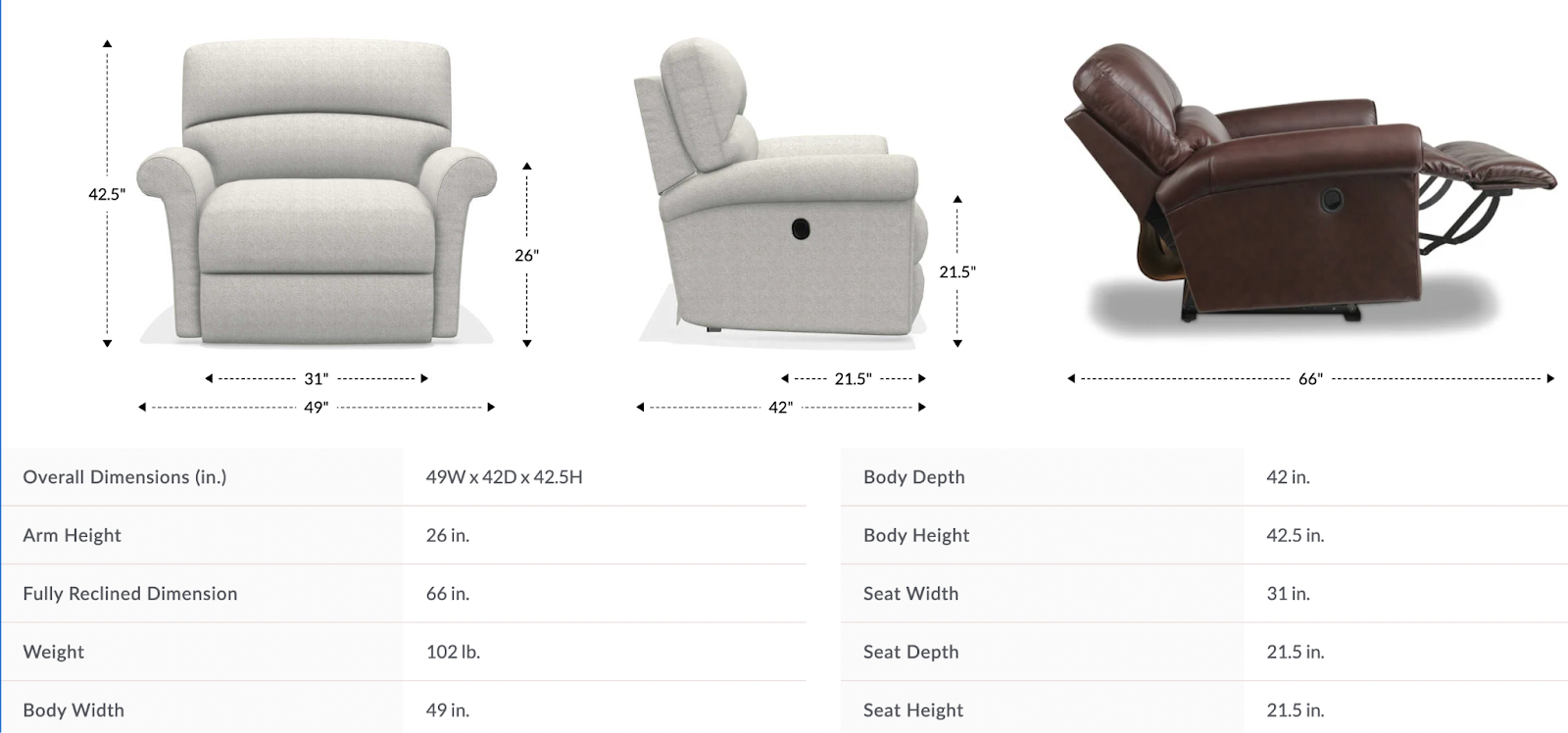 robin reclining chair and a half dimensions