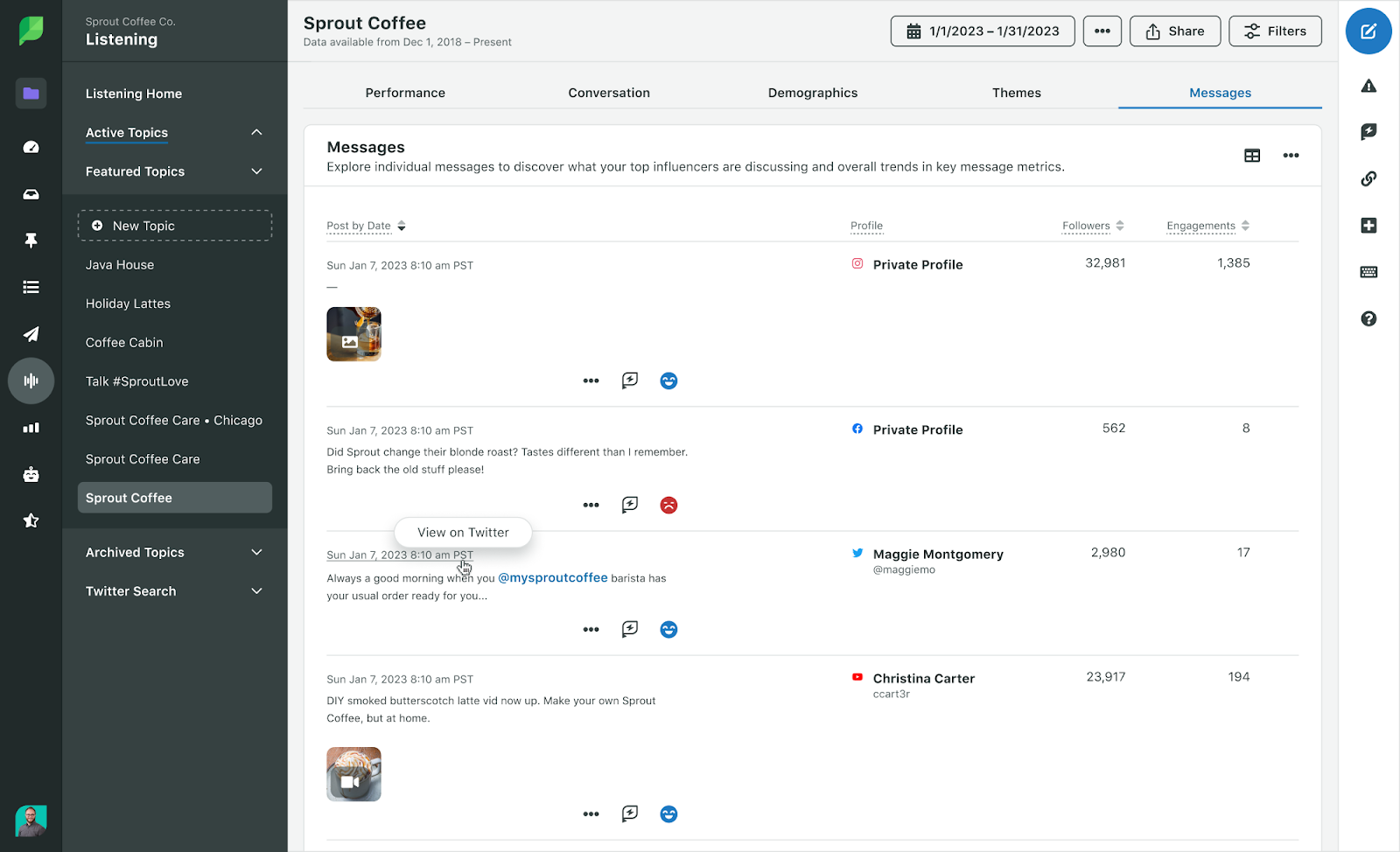 Sprout Social social media listening messages dashboard