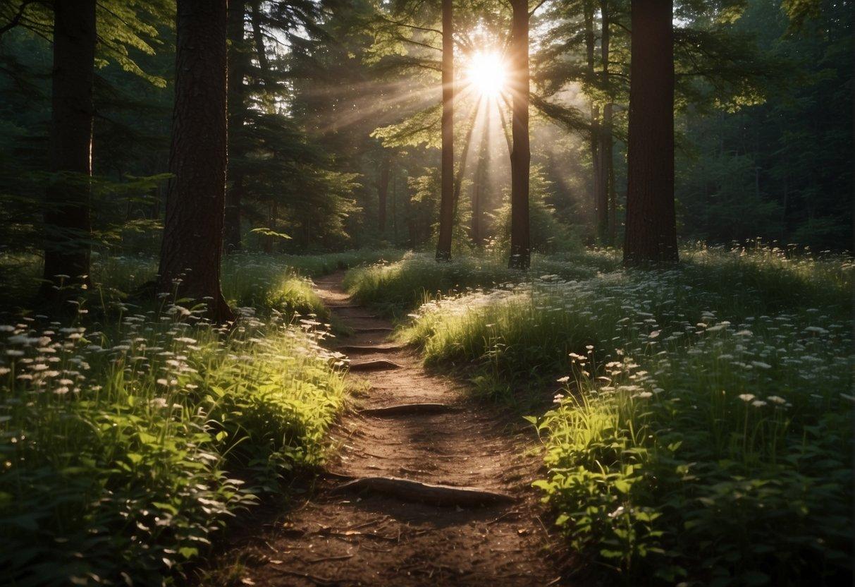 A serene forest with sunlight streaming through the canopy, casting dappled shadows on the forest floor. Wildflowers bloom along a winding path leading to a hidden clearing