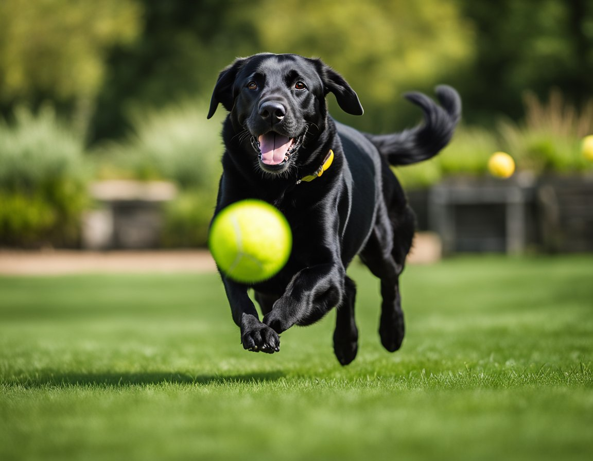 a black labrador retriever fetching a ball at the field of grass