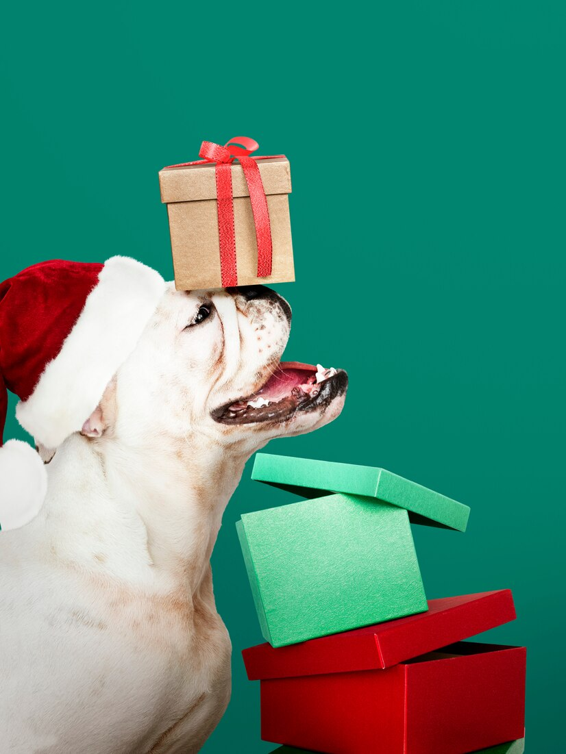 A dog wearing a Santa hat and balancing a Christmas gift on its nose.