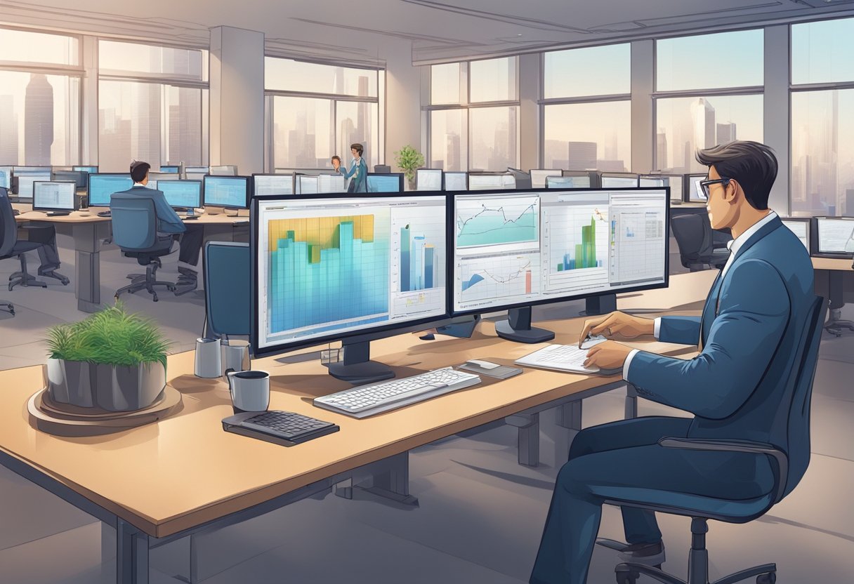 The scene shows a modern trading system with educational resources and expert knowledge. The setting exudes a sense of sophistication and professionalism