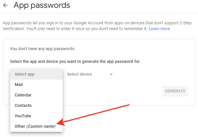 App passwords section of Google account