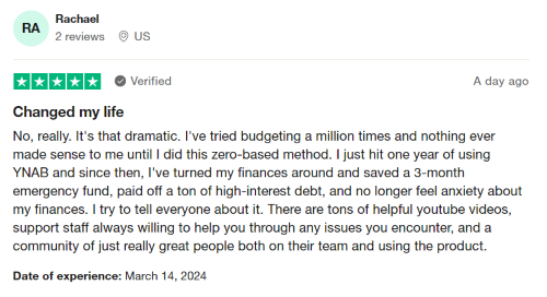 A 5-star review from a YNAB customer who says the app changed their life in one year of use. 