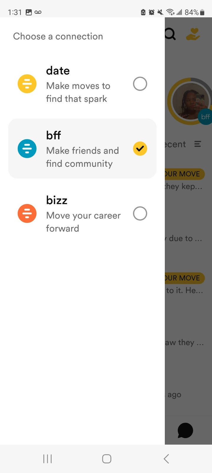 This shows them menu on the Bumble App with BumbleBFF selected