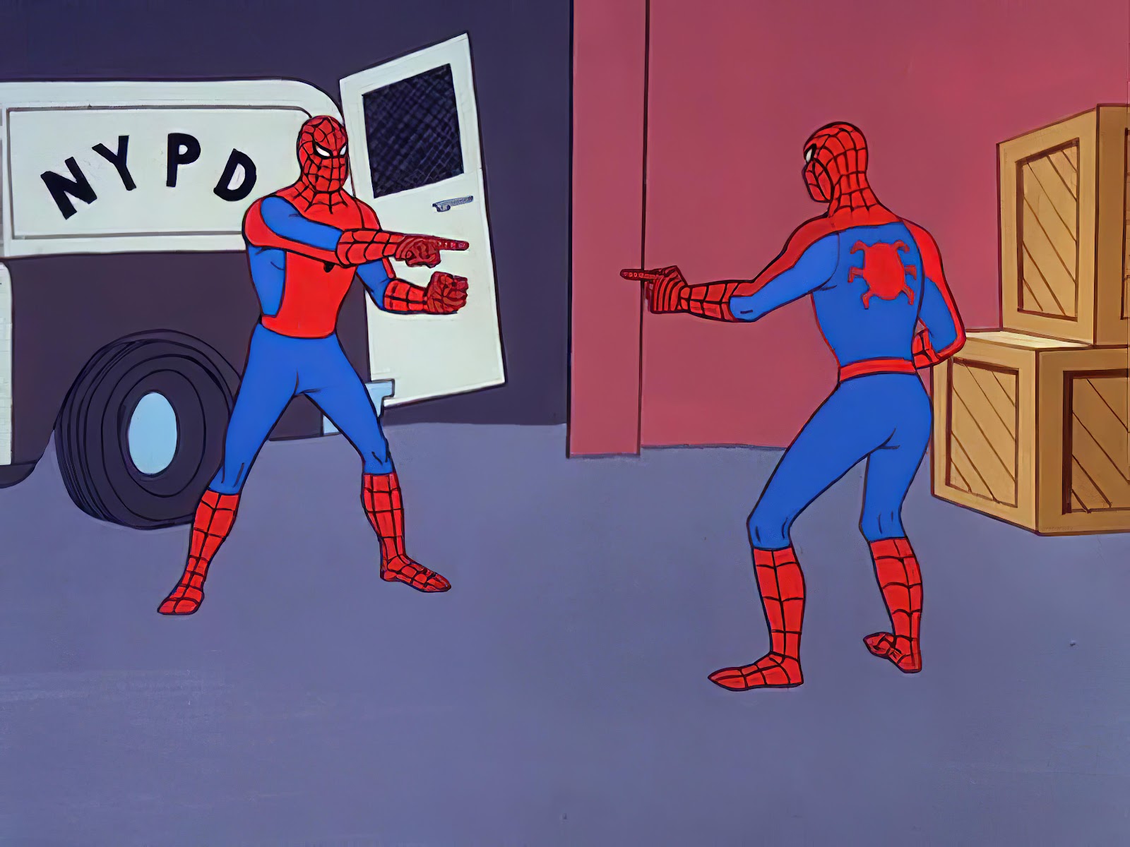 An image of spider-man pointing at another spider-man who is pointing at him. A classic meme.