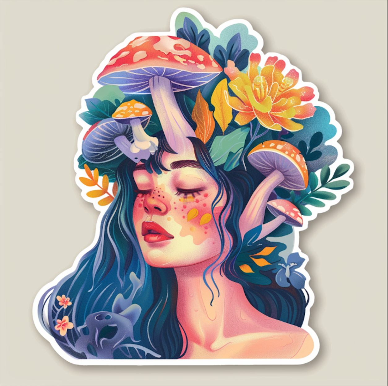 Drawing of a girl that is connected to nature after using natural ingredients, with mushrooms and plants