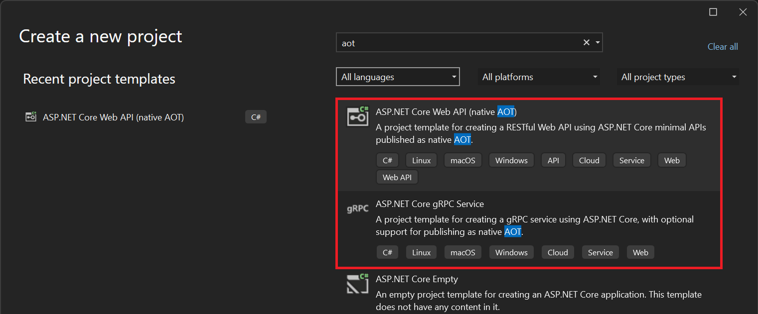 Шаблони для створення проектів ASP.NET Core із нативним AOT у Visual Studio