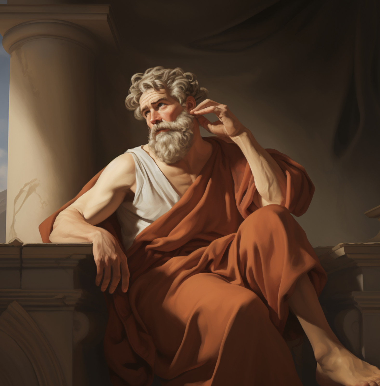 Epictetus leaning on window sill pondering