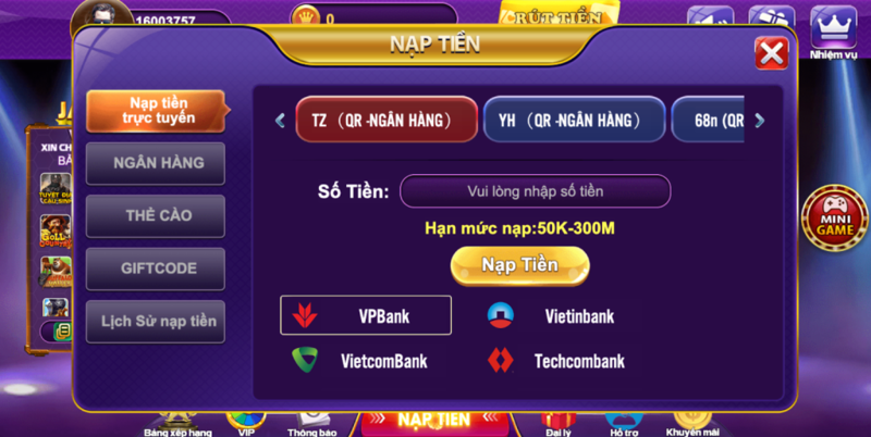 Màn hình nạp tiền tại 68gb