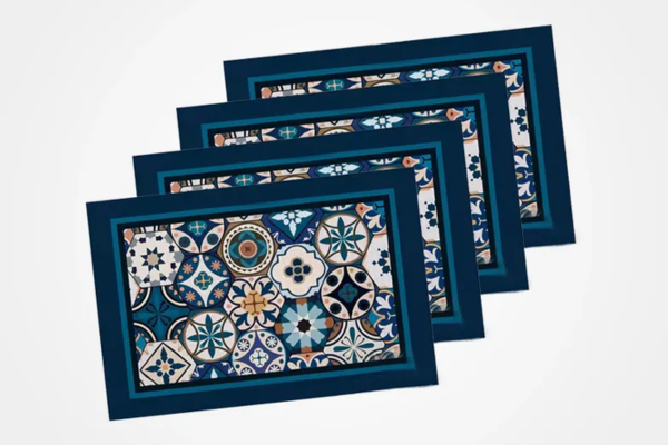 Rectangular blue table mat with a mosaic floral pattern