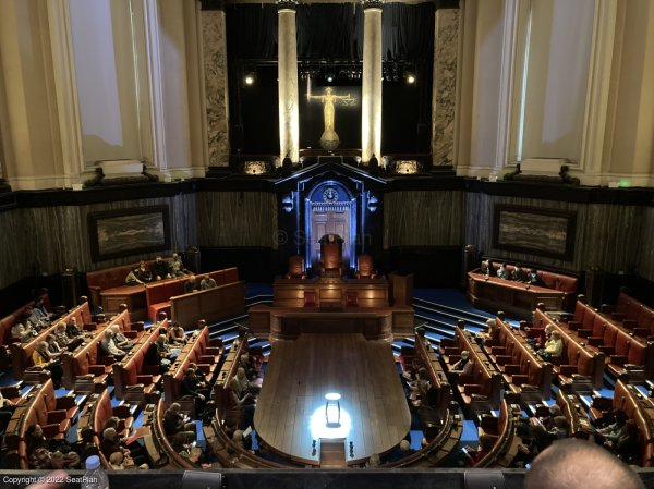 View from seat Central Gallery B22 at London County Hall for the production of Witness for the Prosecution