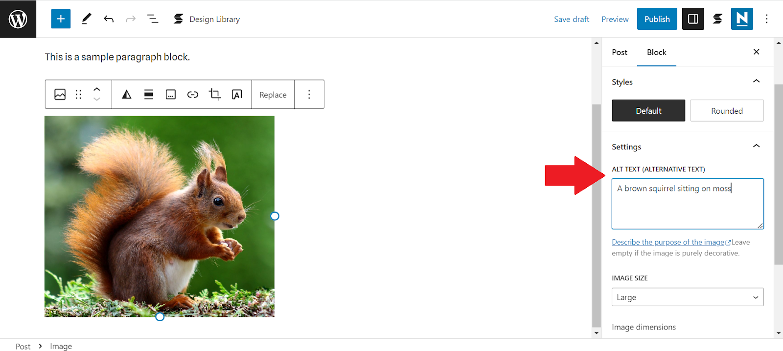 An image in the blog post highlighting that the alt text can be added in the settings menu.