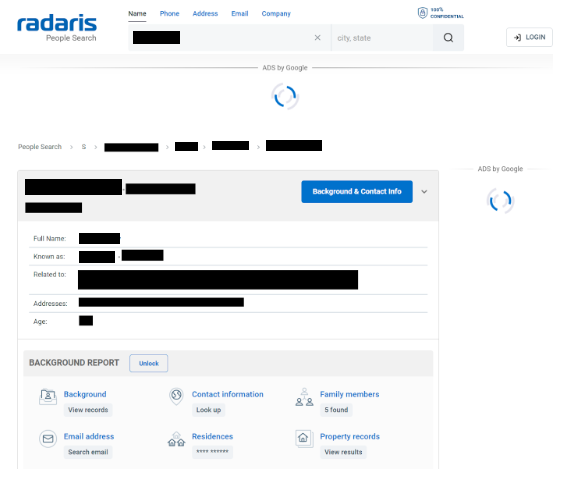 Radaris profile with URL