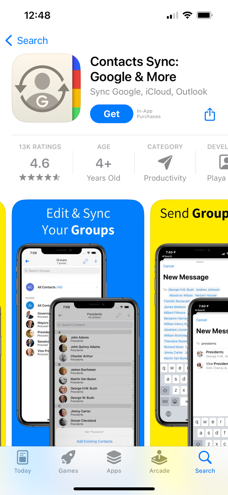 Contacts Sync app home page on App Store