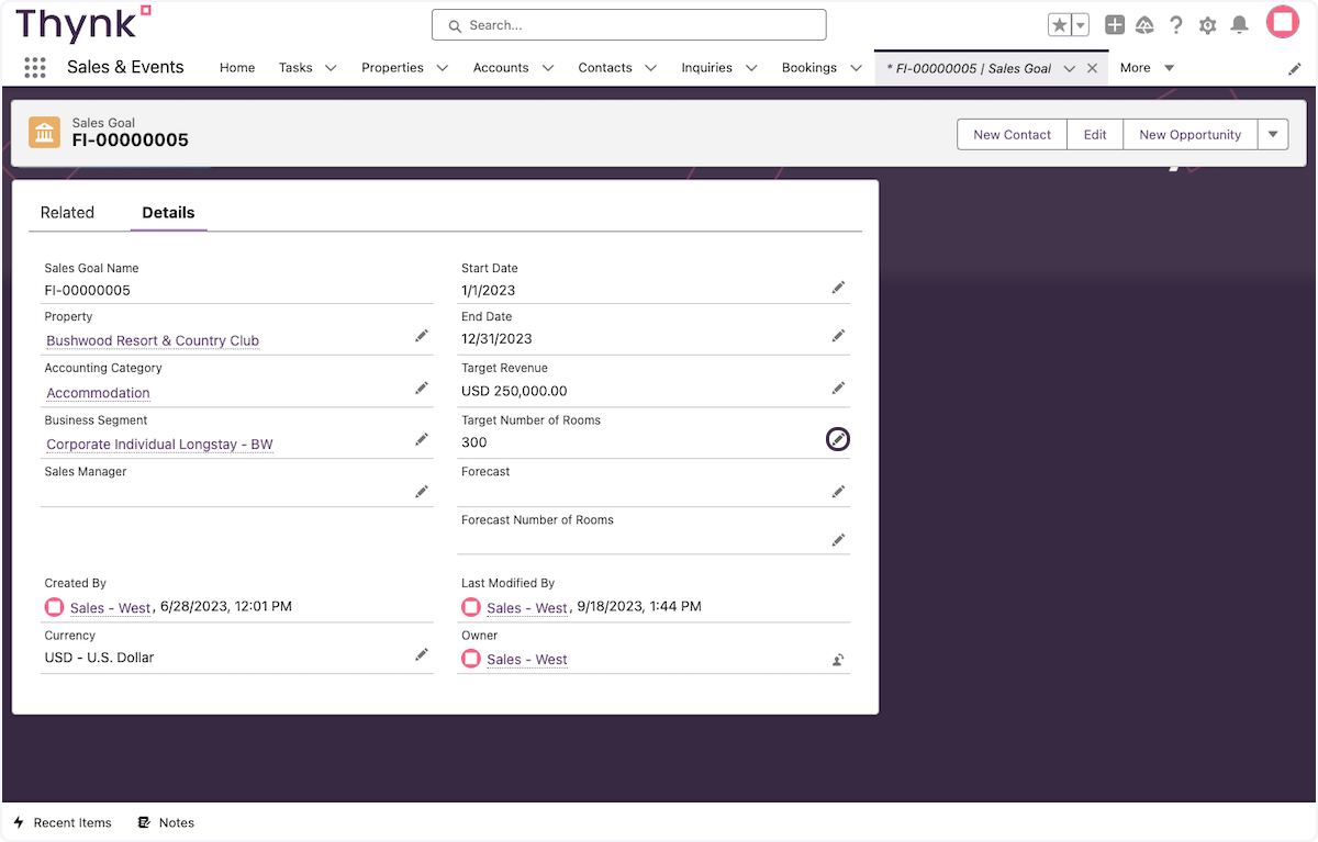 This opens up the sales goal.  Click on the pencil icon to make changes to the 'Target Number of Rooms'
