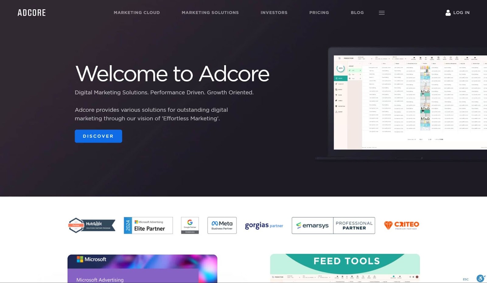 Screenshot of Adcore website