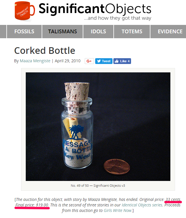 A corked bottle on Significant Objects webpage.