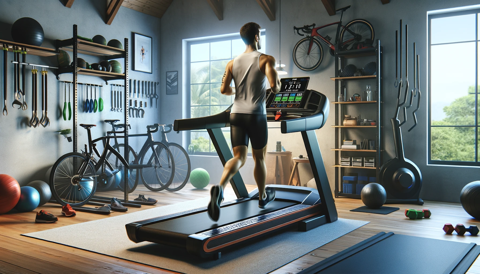 A male athlete using a treadmill in a home gym environment tailored for triathlon training. Surrounding equipment includes bikes and weights, and the treadmill's display highlights settings for speed and a slight incline, emphasizing the controlled and versatile nature of indoor treadmill training for triathlons.