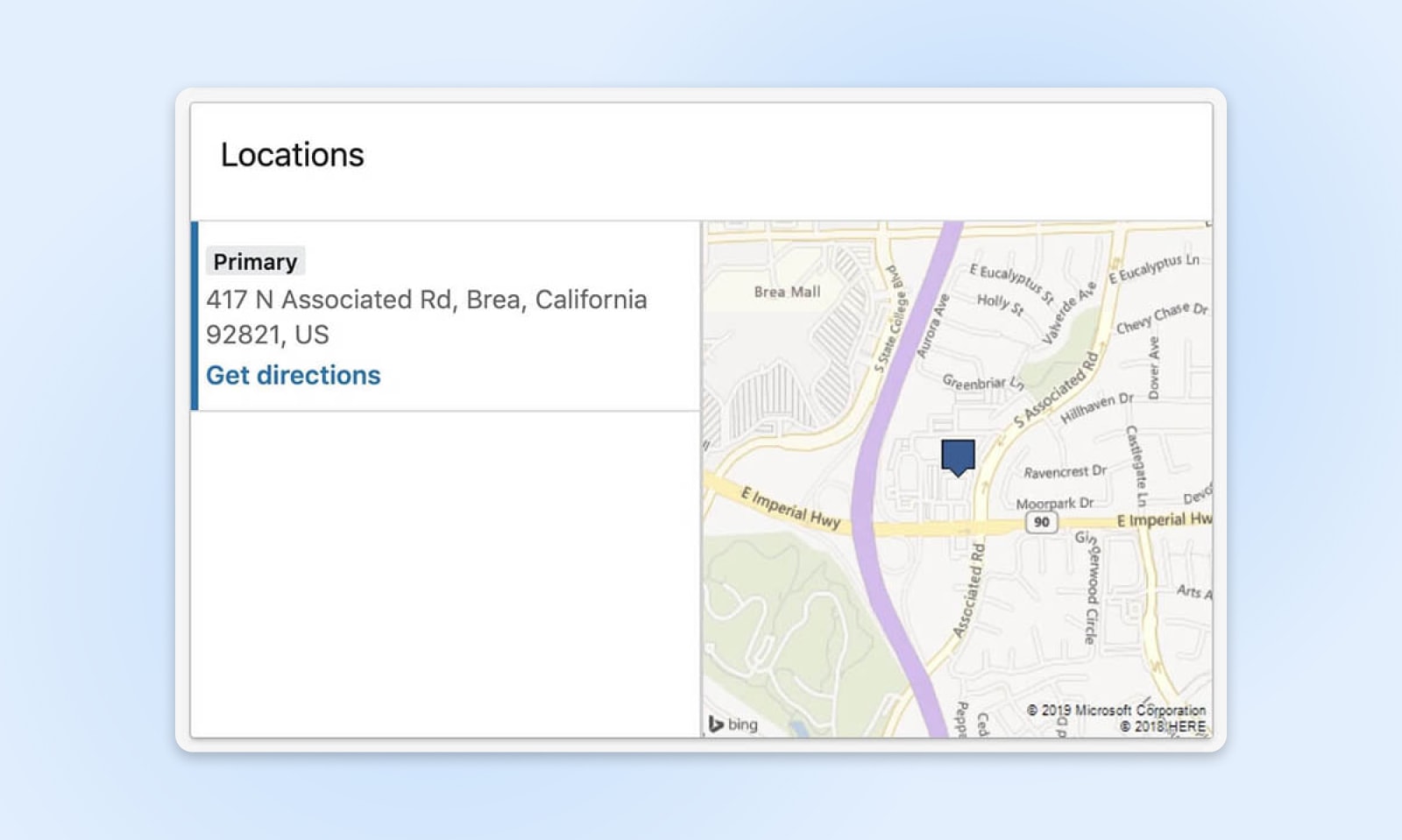 Captura de pantalla de ubicaciones con dirección 417 N Associated Rd, Brea, California 92821, EE. UU., obtener indicaciones