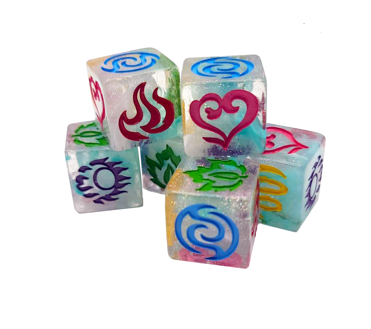 a set of 6 D6 harmony magic dice with the Astra symbols on them