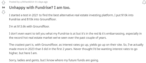 A person on Reddit explaining how they had better returns using Groundfloor vs Fundrise. 