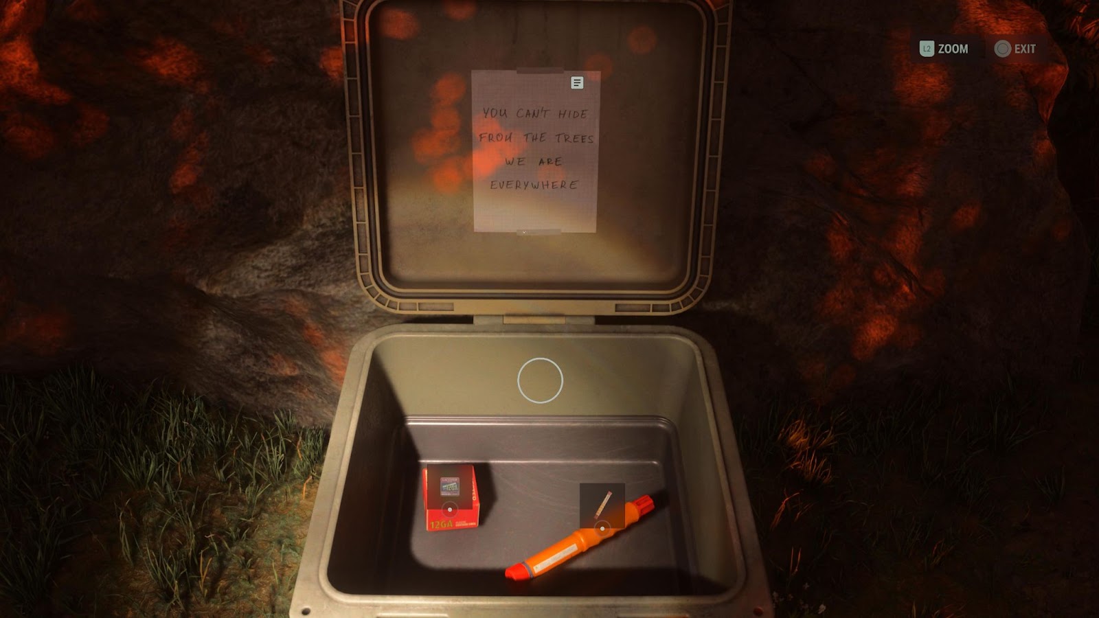 An in game image of the inside of a cult stash from the game Alan Wake 2. 