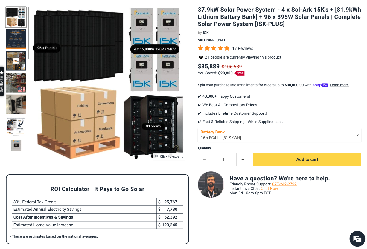 screenshot showing the Shop Solar industrial kit product page with a bullet list of benefits and an ROI calculator 