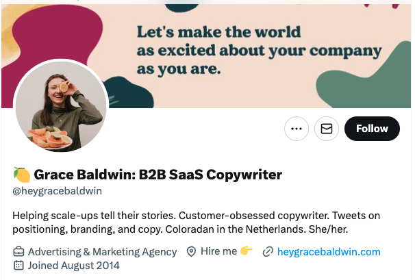 Twitter optimization tips, Grace Baldwin uses her name character count to stand out.>